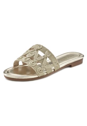 Flad slidesandal med fletninger af naturlige fibre og polstret indersål i metalisk guld, tan gummisål, åben tå-design.