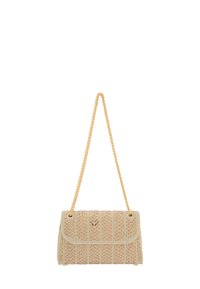 Perlebesat håndtaske med et vævet mønster i beige og guld nuancer. Har en guldkæde skulderrem og en klaplukning med en magnetisk snap.