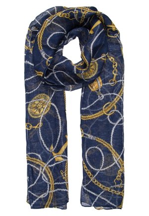 Navyblauwe sjaal met nautisch thema met gouden kettingen, touwen, ankers en kompassen die in draaiende patronen zijn gerangschikt.
