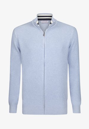 Hellblaues Zip-Up-Cardigan mit strukturierter Oberfläche, geripptem Kragen und Bündchen. Verfügt über einen gestreiften Innenkragen und Seitentaschen.
