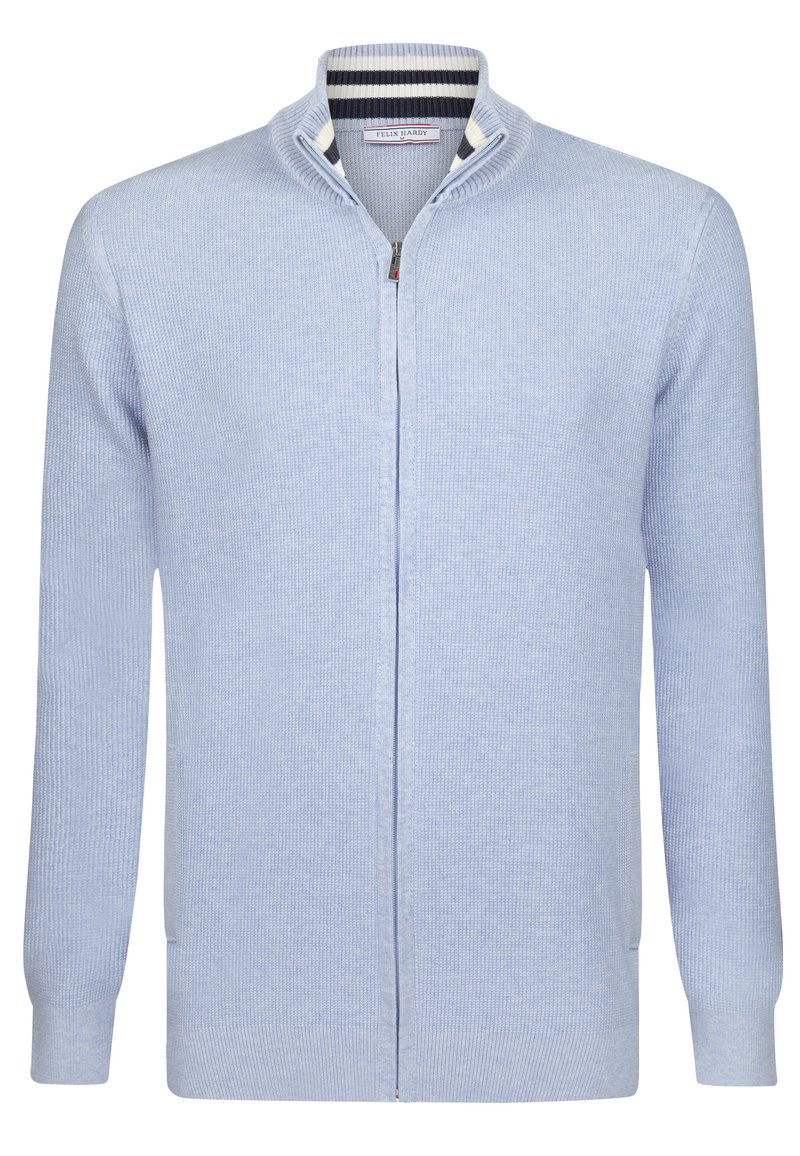 Hellblaues Zip-Up-Cardigan mit strukturierter Oberfläche, geripptem Kragen und Bündchen. Verfügt über einen gestreiften Innenkragen und Seitentaschen.