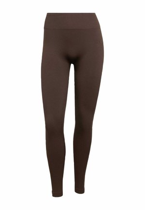 Brown leggings made of stretchy fabric, featuring a high waistband and a smooth texture with a fitted design. No visible patterns or accents.
