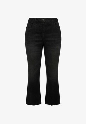 Czarne dżinsy typu flare z surowym wykończeniem, pięcioma kieszeniami i zapięciem na guzik, o gładkiej fakturze i subtelnym, wyblakłym wykończeniu.