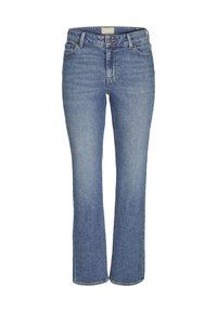 Ljusblå raka jeans i denim med hög midja, fem fickor och en jämn yta med subtila blekningar.