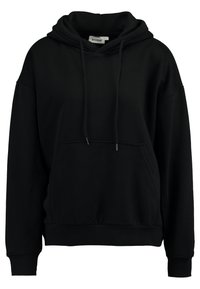 Sudadera negra hecha de tejido suave, con un bolsillo frontal, capucha con cordón y puños acanalados. Silueta casual y oversize.