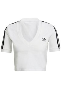 Baltas trumpas T-shirt su V formos iškirpte, juodos spalvos trys juostelės ant pečių ir mažas juodas Adidas logotipas ant krūtinės. Pagaminta iš medvilnės.