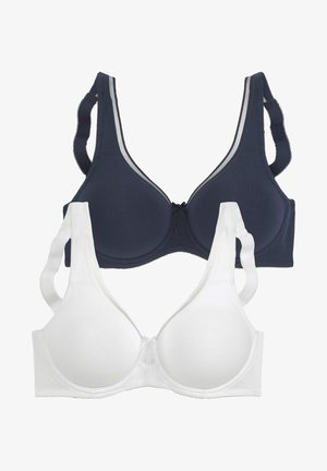 Two bras: one navy blue and one white. Both have a smooth fabric, triangular cups, and adjustable straps with contrasting side details.