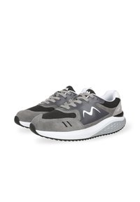 Gray and black athletic shoes with a suede upper, mesh panels, padded collar, white midsole, and textured rubber outsole.