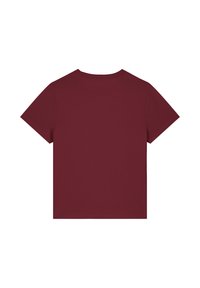 T-shirt bordeaux à manches courtes avec un col rond, présentant une texture lisse et une coupe classique, adaptée à un usage décontracté.
