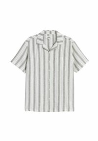 Korte mouwen blouse van lichte stof, met verticale strepen in grijs en wit, een notch-kraag en een borstzak.
