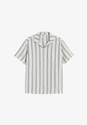 Kurze Ärmel Bluse aus leichtem Stoff, mit grauen und weißen vertikalen Streifen, einem kleinen Kragen und einer Brusttasche.