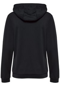 Zwarte hoodie van een textuurstof, met een trekkoordskap, lange mouwen en ribgebreide manchetten en zoom. Soepele afwerking, minimalistisch ontwerp.