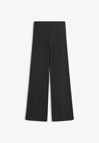 Pantaloni largi cu talie elastică, gri închis, cu aspect zimțat, având o suprafață texturată și o siluetă dreaptă. Fără accesorii sau elemente vizibile.