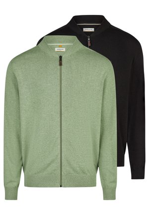 Herrers cardigantrøjer med fuld lynlås i lys grøn og sort, med ribstrikkede manchetter og krave, vist forfra på en hvid baggrund.