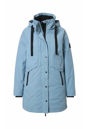 Jasnoniebieska wodoodporna parka z kapturem, czarnymi dodatkami, bocznymi kieszeniami i zamkiem błyskawicznym. Miękka tekstura z regulowanym dołem.