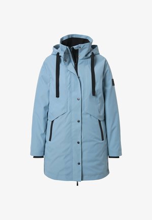 Lichtblauwe waterdichte parka met een capuchon, zwarte ritsen, zijzakken en een ritssluiting. Zachte textuur met een verstelbare zoom.