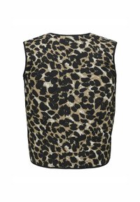 Quilted prsluk bez rukava s leopard uzorkom u crnoj, bež i bijeloj boji. Tekstura površine s čvrstim crnim izrezom.