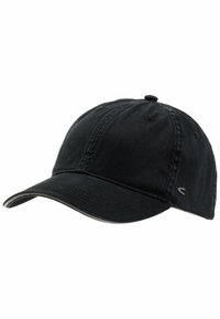 Zwarte katoenen baseballcap met een gebogen rand, opvallende stiksels en een klein logo aan de zijkant. Eenvoudig, onopgesmukt ontwerp.