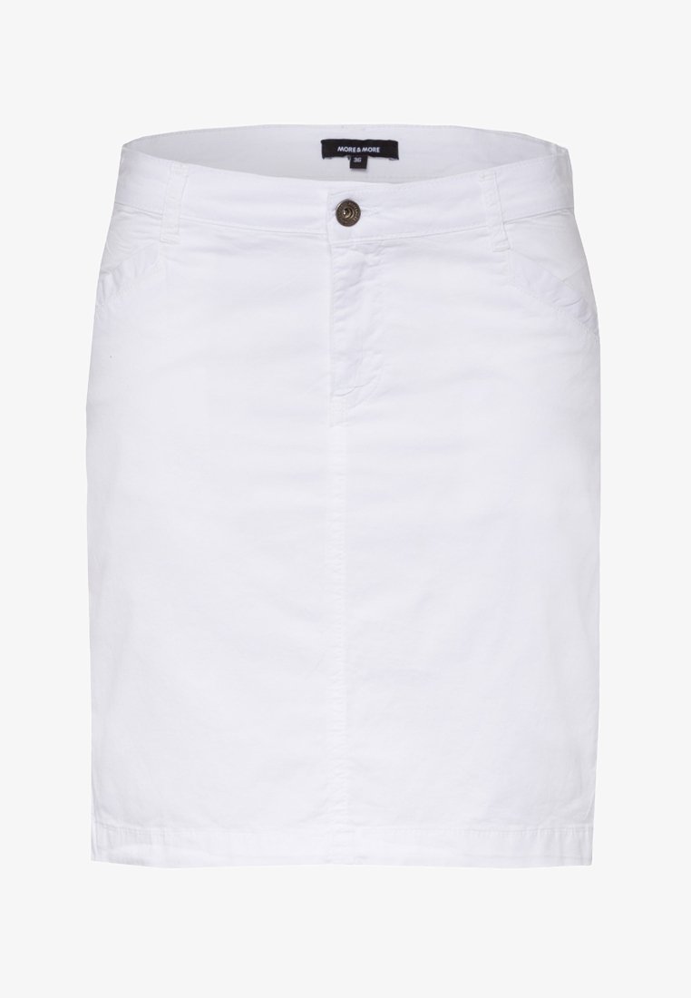 Jupe blanche longueur genou avec passants de ceinture, bouton et fermeture éclair à l’avant, et poches latérales, taille 36, marque More & More.