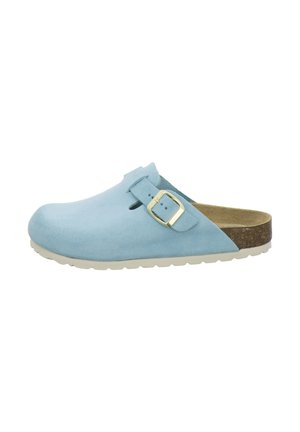 Light blue suede slip-on clog with adjustable gold buckle strap, cork footbed, and white rubber sole.