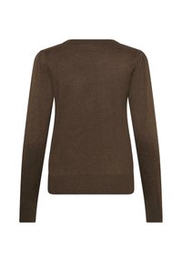 Brun stickad tröja, lång ärm, rund halsringning, ribbad nederkant, strukturerad tyg, enkel design, inga synliga mönster eller accenter.