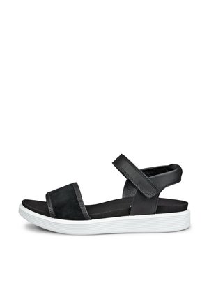 Zwarte sandaal met open teen, verstelbare enkelband en gevoerde witte zool, ontworpen voor casual comfort en ondersteuning.