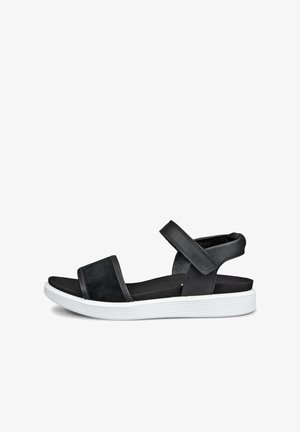 Zwarte sandaal met open teen, verstelbare enkelband en gevoerde witte zool, ontworpen voor casual comfort en ondersteuning.