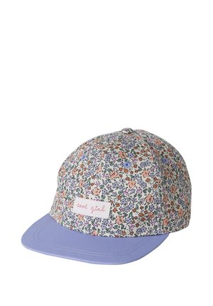 Baseball cap with pastel floral pattern and light purple brim, featuring a "cool girl" label on the front.
