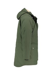 Giacca impermeabile verde oliva con cappuccio, dotata di zip frontale, due tasche laterali e una forma leggermente allungata per una maggiore copertura.