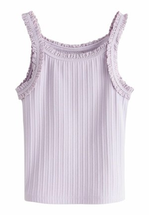 Fliederfarbenes geripptes ärmelloses Top mit strukturiertem Rüschensaum am Ausschnitt und den Armlöchern, entworfen für legere Kleidung.