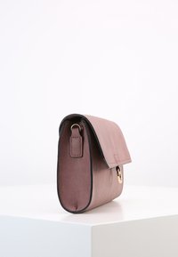 Różowa skórzana torebka o uporządkowanym kształcie, z klapką i złotymi akcentami. Gładka tekstura z kontrastującymi ciemnymi wykończeniami.