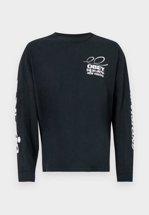 Sort langærmet t-shirt med hvid "OBEY Bizarre New Visions" tekst og design på brystet samt hvid tekst ned langs begge ærmer.