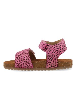 Roze sandalen met een gevlekte patroon, voorzien van brede banden en een klittenbandsluiting, op een gestructureerde kurken voetbed en een geribbelde rubberen zool.