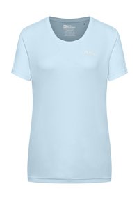 T-shirt azzurro chiaro a maniche corte con scollatura rotonda. Tessuto morbido, texture liscia, con un piccolo logo sul petto.
