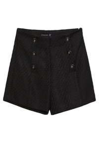 Černé šortky z texturované tkaniny, s vysokým pasem a šesti dekorativními knoflíky na přední straně.