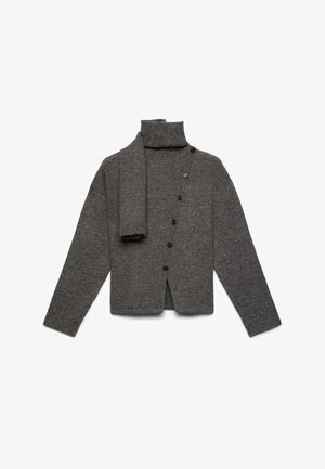 Grauer Wollcardigan mit hohem Kragen, Knopfleiste und angenähtem Schal. Verfügt über eine weiche Textur und gerippte Bündchen. Minimalistisches Design.