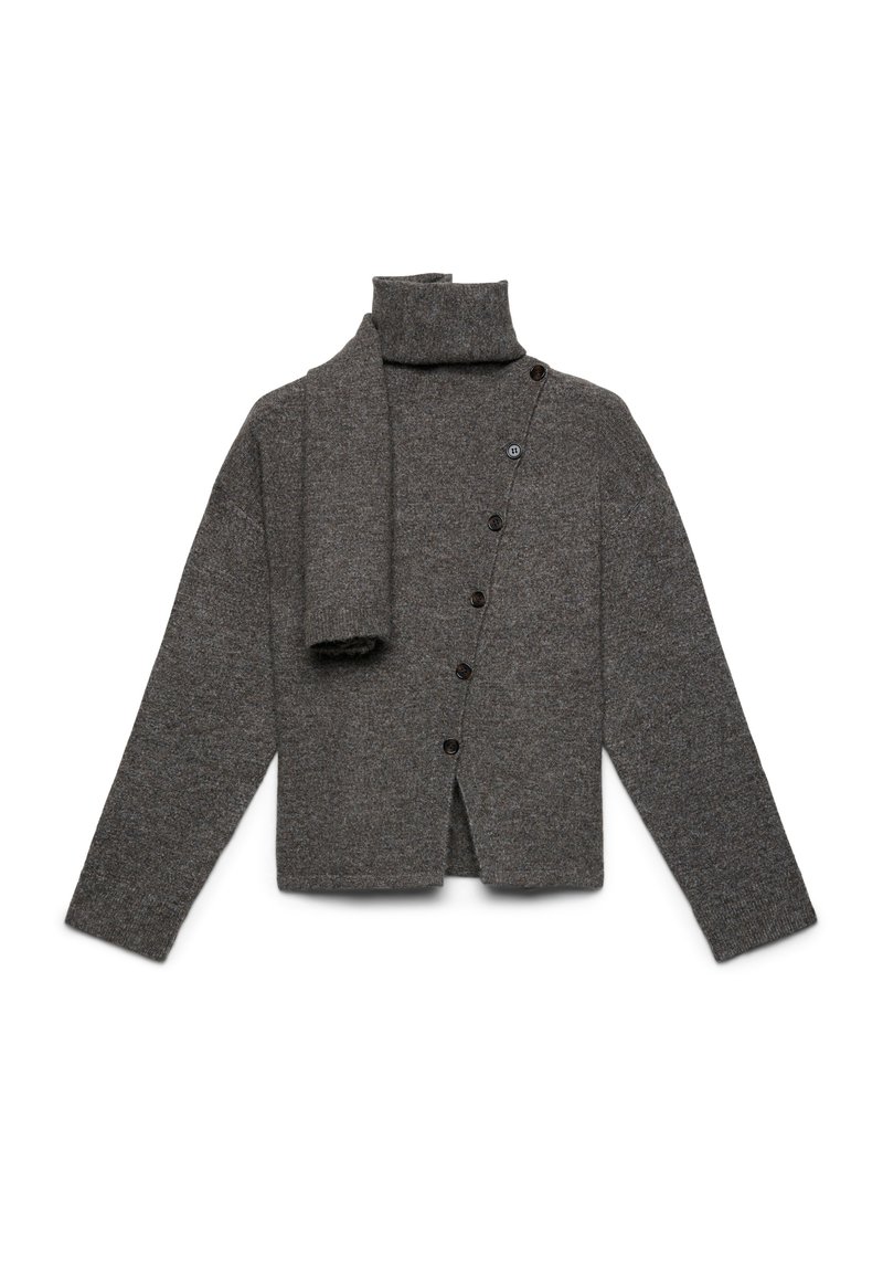 Grauer Wollcardigan mit hohem Kragen, Knopfleiste und angenähtem Schal. Verfügt über eine weiche Textur und gerippte Bündchen. Minimalistisches Design.