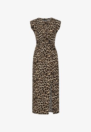 Abito di pizzo leopardato con maniche corte, vita aderente e spacco frontale. Realizzato in un tessuto morbido con una consistenza liscia e di lunghezza media.