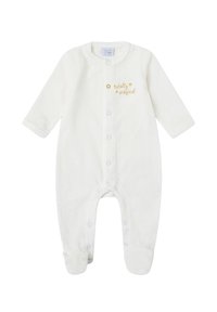 Body para bebé blanco hecho de material suave, con mangas largas, broches de presión y texto bordado "totalmente mágico" en dorado.