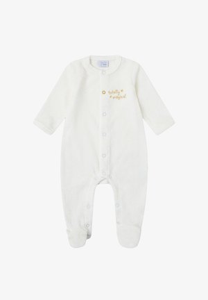 Body para bebé blanco hecho de material suave, con mangas largas, broches de presión y texto bordado "totalmente mágico" en dorado.