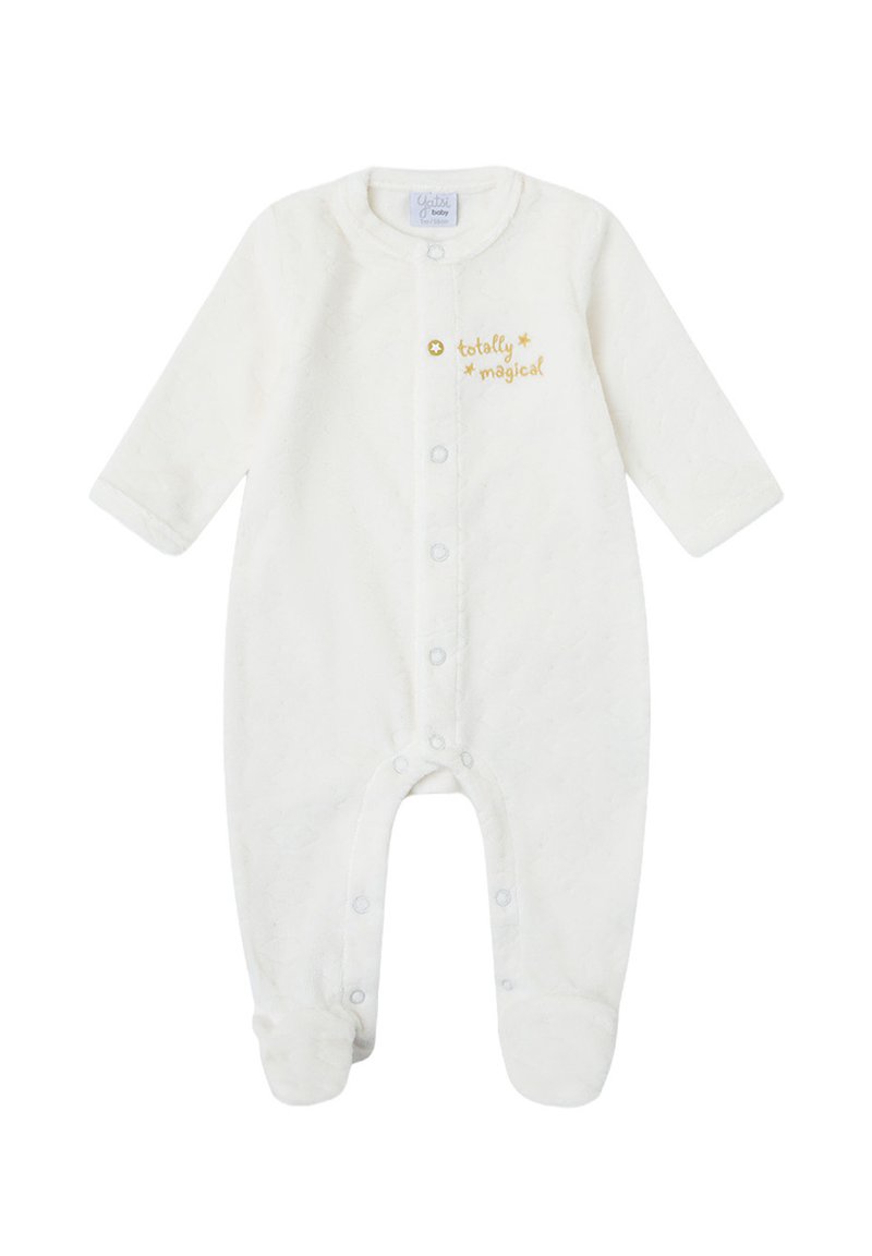 Body para bebé blanco hecho de material suave, con mangas largas, broches de presión y texto bordado "totalmente mágico" en dorado.