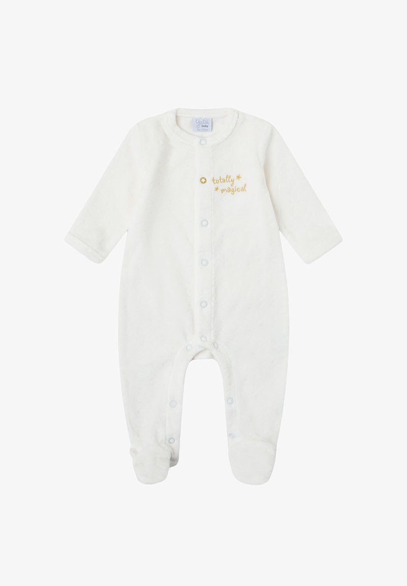 Body para bebé blanco hecho de material suave, con mangas largas, broches de presión y texto bordado "totalmente mágico" en dorado.