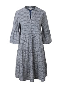 Robe imprimée bleue avec un col à patte de boutonnage, des manches trois-quarts évasées et une jupe à volants arborant un motif floral. Tissu en mélange de coton.