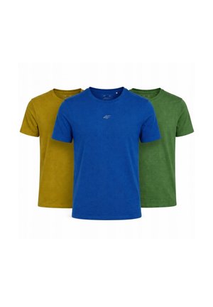 Set aus drei kurzärmeligen T-Shirts mit Rundhalsausschnitt in Blau, Grün und Senfgelb, nebeneinander auf weißem Hintergrund angeordnet.