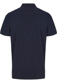 Polo bleu marine à manches courtes avec col, vu de dos, design uni sans motifs ni logos visibles.