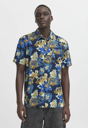 Short-sleeve shirt with a navy and floral pattern in blue, gold, and light green. Fabric is lightweight with a button-down collar.