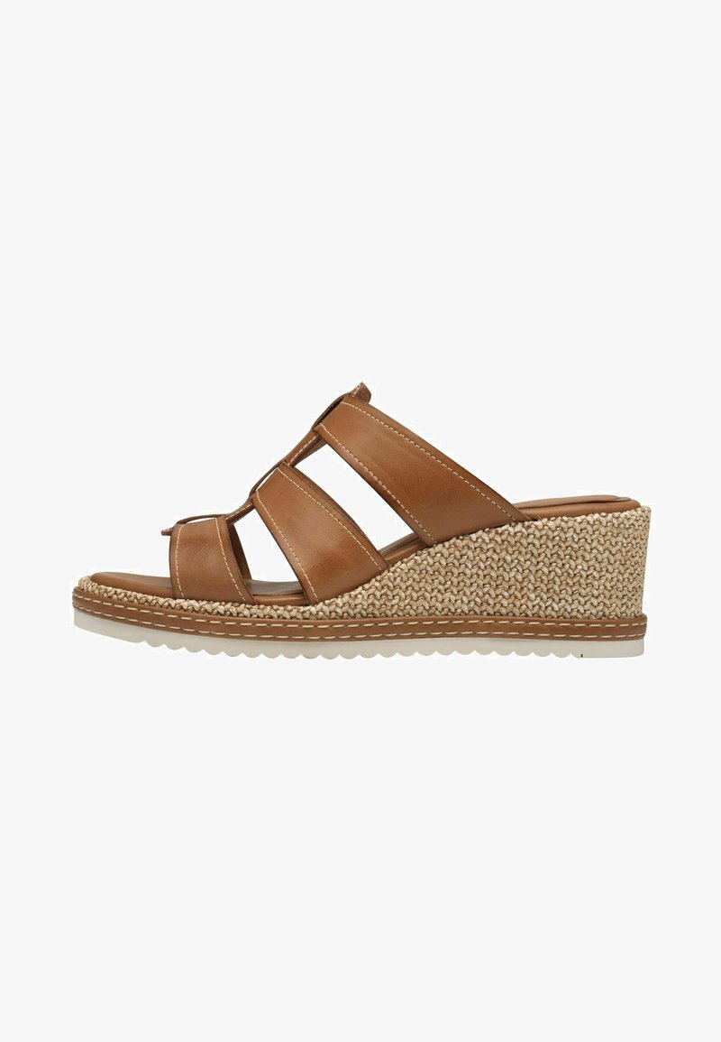 Brune læder wedge sandaler med flettet jute-platform, der har tre brede stropper og en struktureret ydersål.