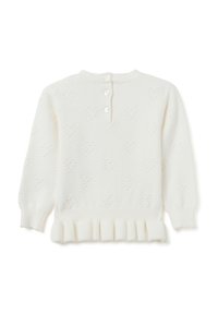 Weißer Strickpullover mit einem strukturierten Herzmuster, Rundhalsausschnitt, drei Knöpfen auf der Rückseite und einem voluminösen Saum.