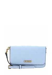 Portefeuille en cuir bleu clair avec motif de logo embossé, ferrures dorées, sangle détachable et fermeture pression. Forme rectangulaire compacte.