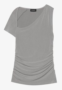 Grå kortärmad topp med asymmetrisk design, samlad textur på sidan och rund halsringning. Tillverkad av mjukt, stretchigt material.